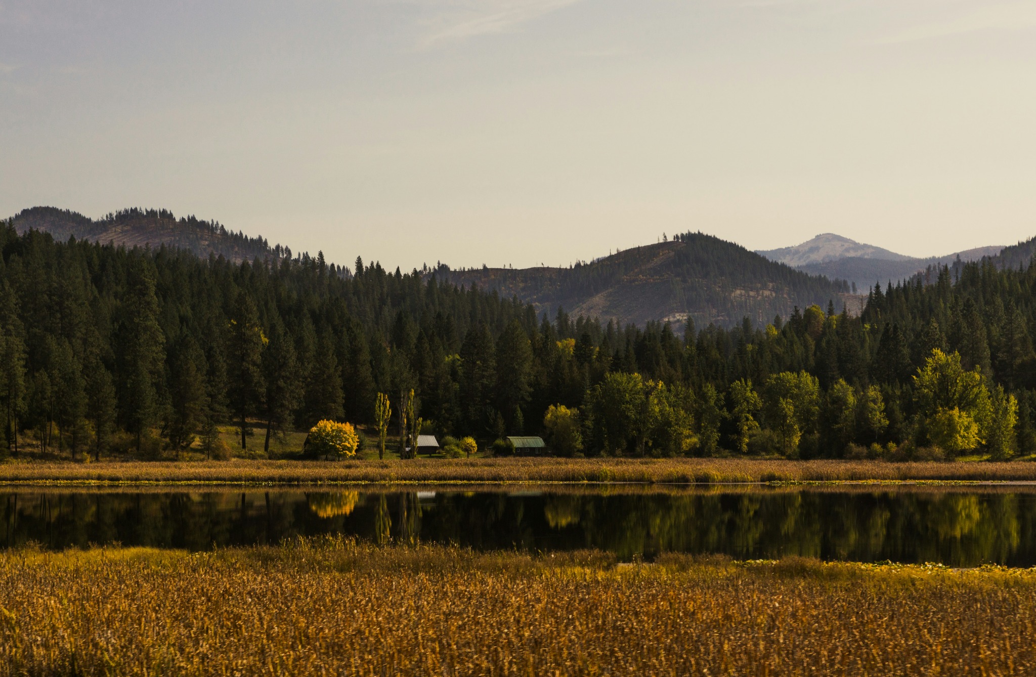 Quiet water bordered by golden grasses, forest, cabins, and mountain ridges